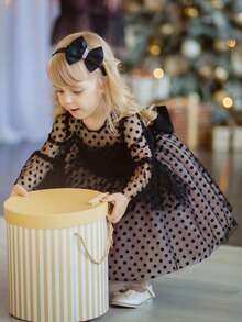 Young Girl Black Bow Polka Dot Mesh Elegant Party Dress, Princess Dress Suitable For Girls' Birthday Party, Banquet, Prom, Wedding Flower Girl, Holiday Celebration - Black - View 2