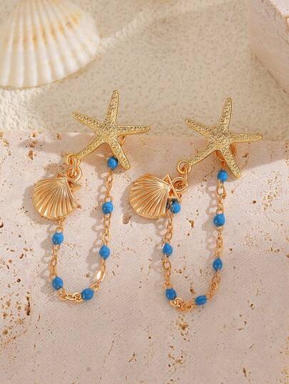 1 Pair Elegant Bohemian Tassel Chain Starfish Shell Drop Earrings For Women, Suitable For Daily Wear, Party, Date, Holiday, Music Festival, Summer Beach Vacation, Jewelry Accessory, Memorial Gift For Friends, Family, Couples And Women