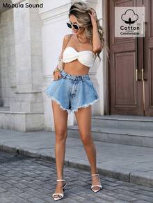 Mobula Sound Sexy Music Festival Versatile Casual Fashion Fringe Y2K Young Academy Student Wide Leg A-Line Denim Shorts For Women, Summer