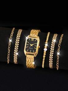 6pcs/Set Luxury Women's Business Quartz Watch With Square Chain Bracelet & Jewelry Set