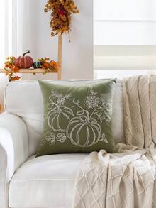 1 Stück Thanksgiving grüner Cut Out Kürbis bestickter Kissenbezug, 45 x 45 cm, geeignet für Inneneinrichtung, Erntedankfest dekorativer Kissenbezug, Kissenfüllung nicht enthalten