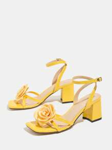 女士高跟凉鞋，适合派对、户外、旅行、时尚度假，粗跟，方头，闪亮，3D 黄玫瑰，性感踝带，石材纹理，鲜艳的黄色，优雅的高跟鞋 - 黃色 - 查看 6