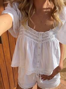 Women Lace Trim Cardigan Shirt Short Sleeve Button Down Ruffle Hem Blouse Summer Boho Tops Y2K Going Out Tops - White - View 2