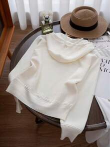 Letter Embroidery Solid Color Drawstring Hooded Knit Cardigan - Apricot - View 2