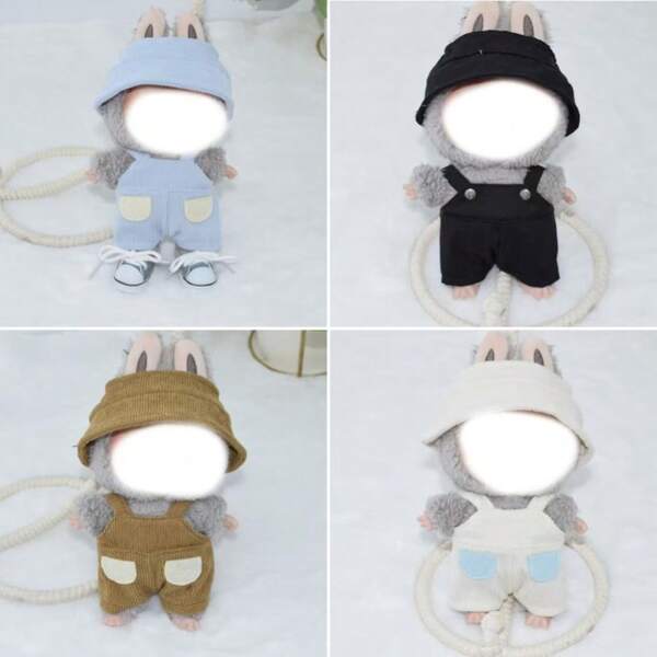 1pc 17cm Plush Doll Outfit With Hat, Suspender Pants, Doll Figurine, Bucket Hat Doll Accessory