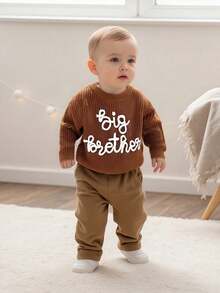 Toddler Boys Knitted Jumper Big Bro Letter Embroidery Round Neck Pullover Sweater Baby Warm Knit Tops Pullover Knitwear - 棕色栗黃 - 查看 6