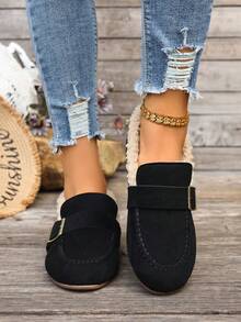 2024 New Preppy Style Buckle Warm Loafers For Women, Vintage Breathable Driving Shoes, Faux Fur Moccasins, Slip-On Casual Flat Shoes For Work