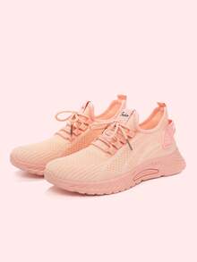 1 par de zapatos deportivos de punto con cordones, aptos para todas las estaciones - Rosa - Ver 5