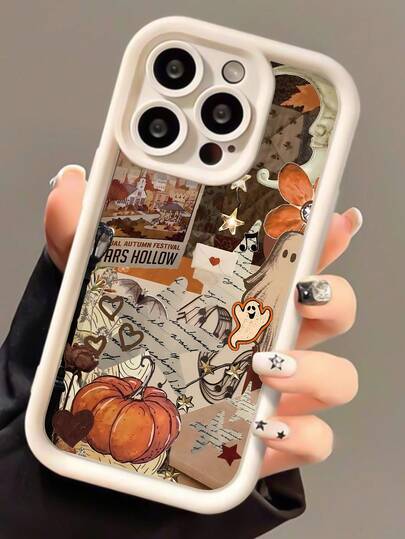 1pc Fashionable Halloween Pumpkin & Ghost Graphic Splicing Pattern Full Coverage Anti-Fingerprint White Soft Phone Case Compatible With IPhone 16 Pro Max/16/16 Pro/16 Plus/15/15 Pro Max/15 Pro/11/12/13/14 Pro Max/11 Pro/11 Pro Max/12 Pro/12 Pro Max/13 Pro/13 Pro Max/14 Pro/14 Pro Max, Creative High-End Design