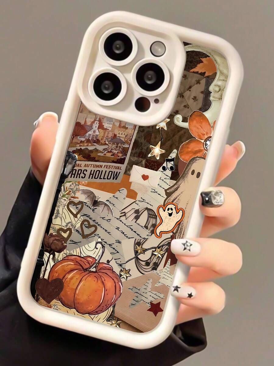 1pc Fashionable Halloween Pumpkin & Ghost Graphic Splicing Pattern Full Coverage Anti-Fingerprint White Soft Phone Case Compatible With IPhone 16 Pro Max/16/16 Pro/16 Plus/15/15 Pro Max/15 Pro/11/12/13/14 Pro Max/11 Pro/11 Pro Max/12 Pro/12 Pro Max/13 Pro/13 Pro Max/14 Pro/14 Pro Max, Creative High-End Design - Multicolor - View 1