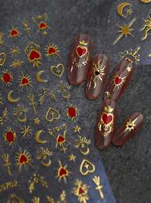 1 张 3D 烫金心形美甲贴纸，1 件 Y2K 全息星星太阳滑块星光 DIY 贴花美甲装饰情人节美甲装饰 - 彩色 - 查看 1