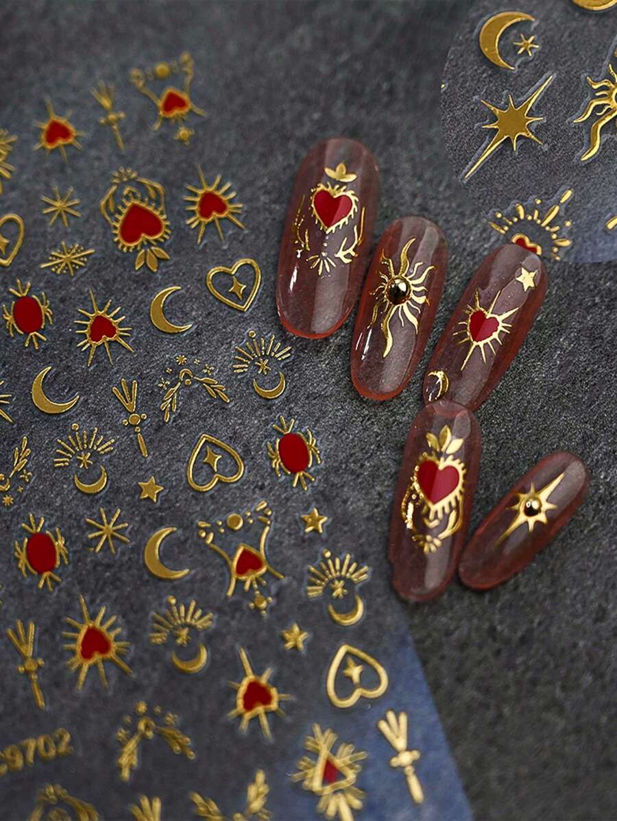 1 张 3D 烫金心形美甲贴纸，1 件 Y2K 全息星星太阳滑块星光 DIY 贴花美甲装饰情人节美甲装饰 - 彩色 - 查看 1