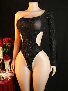 [Sensual Bodysuit] Glamorous Black Mesh Bodysuit With Rhinestone Details | Hollowed-Out Long Sleeve Lingerie For Women, Erotic One-Piece Costume, Hand Washable, High Cut Design, Special Occasions - 黑色 - 查看 3