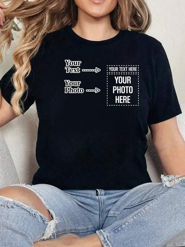 Customized Personalized Gifts, Customized Women's T--Shirts, Add Your Own Text And Photos (Badge Pattern/Company Logo/Family Photo/Selfie/Pet/Couple Photo), Design Your Own Personalized Printed T-Shirt As A Gift For Girlfriends, Couple's Dating Shirts, Etc.