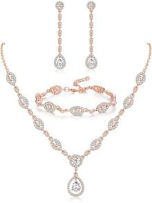 Milacolato Wedding Bridal Jewelry Set For Women Silver Prom Costume Jewelry Sets Rhinestone Crystal Teardrop Necklace Earrings Bracelet Bridesmaid Jewelry Accessories Blue Silver Red Rose Gold - 彩色 - 查看 1