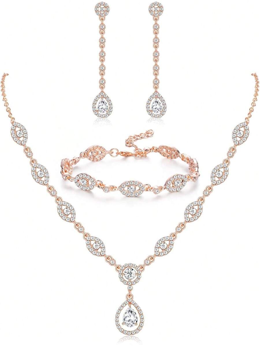 Milacolato Wedding Bridal Jewelry Set For Women Silver Prom Costume Jewelry Sets Rhinestone Crystal Teardrop Necklace Earrings Bracelet Bridesmaid Jewelry Accessories Blue Silver Red Rose Gold - 彩色 - 查看 1
