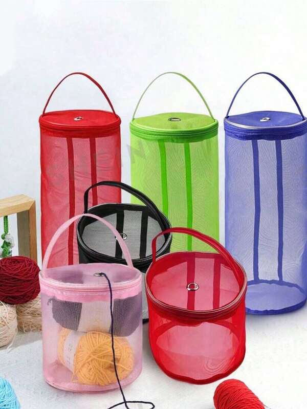 1 pieza Bolsa de almacenamiento de malla tejida de colores, organizador de hilo adecuado para proyectos de tejido y ganchillo, accesorios, fácil de transportar (morado, rosa, verde)