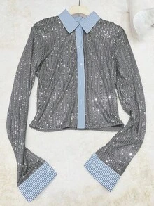 Bộ 2 mảnh gồm áo sơ mi cài cúc đơn đính sequin và quần short thời trang, thích hợp cho buổi hẹn hò, mùa xuân/hè, phong cách bohemian, lễ hội âm nhạc, tựu trường, tiệc cưới. - Bạc - Xem 11