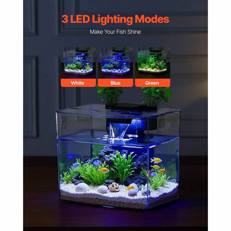 Fish Tank Aquarium, 3.5 Gallon Arch Ultra-Clear GPPS Starter Smart Tank Adjustable 3 Color Lighting, Self Cleaning System Fishbowl For Freshwater & Saltwater Fish Home, Office, Or Pet Use - Xem 3