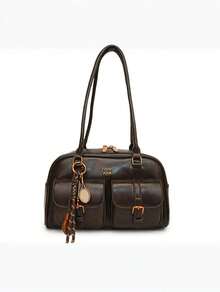 Women's Retro Solid Color Pu Leather Shoulder Bag With Multiple Pockets Large Capacity Comes With A Detachable Accessory Charm, Vintage Bag For Women - Cà phê nâu - Xem 8