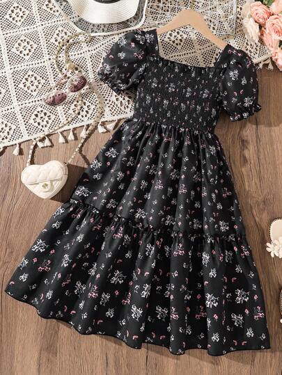 Left Mama Vestido de verano para niñas con cuello cuadrado elegante, mangas abullonadas y lunares
