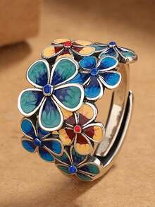 1 pieza Anillo ajustable abierto de estilo bohemio vintage con esmalte cloisonné floral, adecuado para uso diario de mujer, regalo de cumpleaños para familia y amigos (el color hecho a mano puede diferir ligeramente de la imagen) - Plata antigua - Ver 10