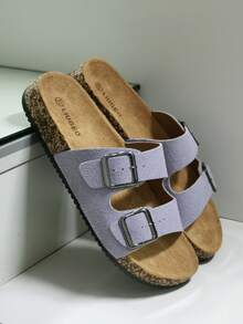 经典假日风格夏季凉鞋，休闲露趾绒面软木拖鞋，带可调节扣，适合男士/女士日常装扮、休闲散步、海滩度假 - 淡紫色 - 查看 5