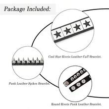 Eigso 3 Pcs Leather Punk Bracelets Men Women Of Rock Rivet Wrap Retro Spike Bracelet Adjustable - 黑色 2 - 查看 8