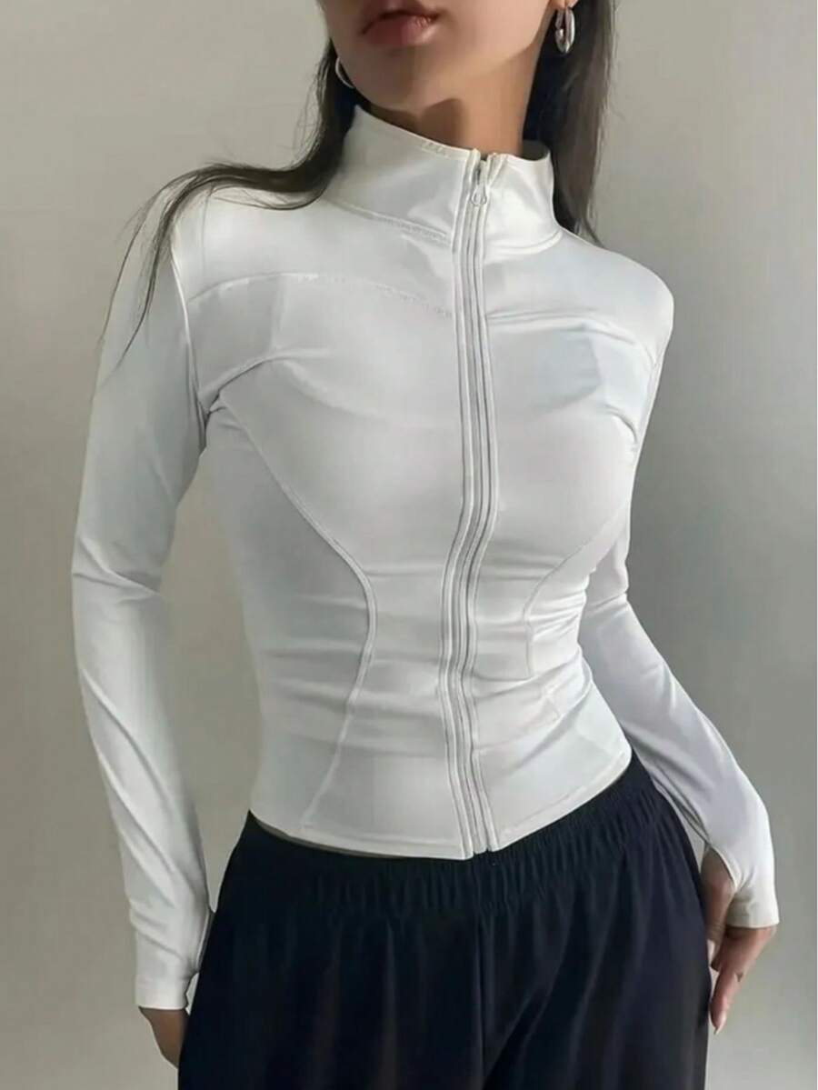 Women's Fitness Tracksuit, Women's Sports Jacket, Women's Zipper Top, Fitted Tracksuit, Workout Wear, Turtleneck Tracksuit, Zipper Sports Coat, Long Sleeve Workout Top, Body-Hugging Tracksuit, Modern Design Tracksuit, Women's White Tracksuit, Gym Coat, Women's Sports Tracksuit, Fitness Tracksuit, Women's Performance Wear, Women's Functional Tracksuit, Women's Lightweight Sports Jacket, Hiking Coat, Stylish Fitness Top, Women's Practical Tracksuit, Comfortable Workout Wear, Women's Running Coat, Women's Casual Sports Tracksuit - 白色 - 查看 1