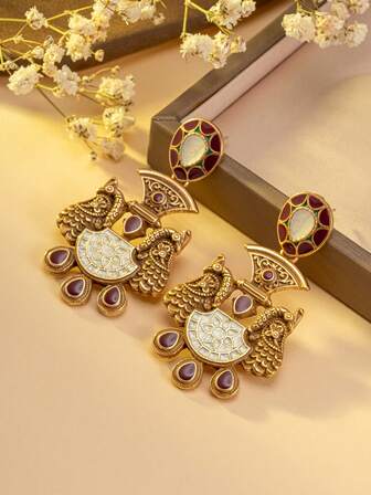 1 par de pendientes de mujer, pendientes de doble pájaro con forma de tono dorado y rhinestones, pendientes vintage con patrón de doble pájaro y gemas incrustadas, pendientes de doble pájaro esmaltados en tono dorado