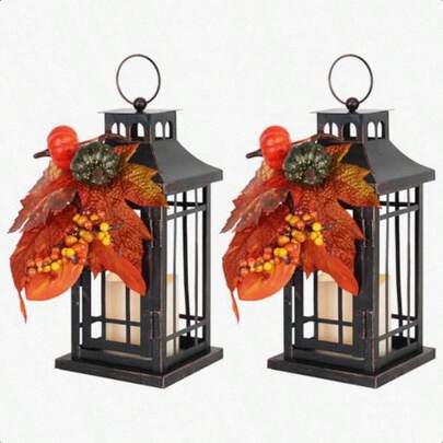 Lanterns Decorative Indoor, Set Of 2 Fall LED Candle Lantern Decorative Indoor Outdoor 11 Fall Hanging Lanterns With LED Candles Metal Outdoor Lantern
