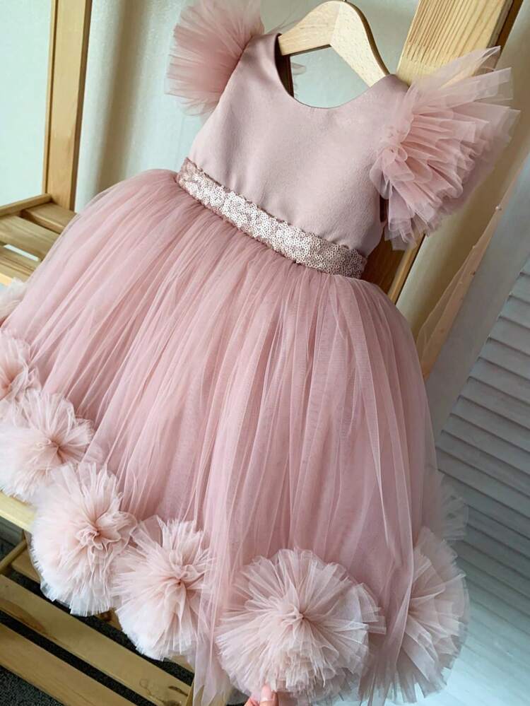 Vestido elegante de fiesta de Navidad con mangas cortas y volantes de tul con flores 3D en rosa para niñas, vestido de princesa adecuado para la fiesta del 1er cumpleaños de la bebé, boda, Acción de Gracias - Rosa - Añade 2