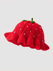 1pc Tropiscape Women's Handmade Crochet Strawberry Knit Bucket Hat, Warm & Fashionable For Autumn/Winter, Suitable For Daily Wear, Vacation Atmosphere, Relaxation, Beach Autumn Accessories