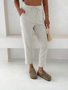 Vacation Casual Striped High Waist Tapered Pants - Cream - View 4