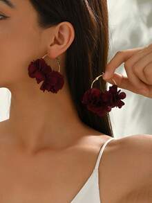 1 对优雅波西米亚风格花卉面料流苏耳环，适合女性派对和节日礼物，圆形花卉创意耳环，时尚派对配饰 - 酒紅色 - 查看 3
