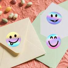 500pcs/Roll Holographic Rainbow Smiling Face Stickers, Round Label Stickers For Books, Stationery, Gifts, Cookies, Cakes, Waterproof Stickers For Cards, Envelopes, Wedding Supplies