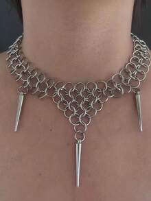 1 件几何圆形环绕锥形吊坠项链，带铆钉尖刺，多层朋克哥特式银项链，适合男女，日常佩戴或派对 - 銀色 - 查看 10