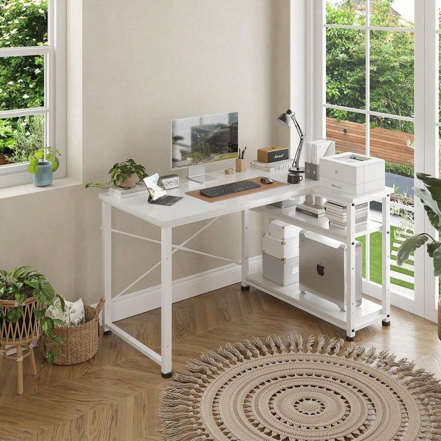 Mesa de juego GUNJI de 110 cm con compartimentos de almacenamiento, mesa de esquina reversible para PC, mesa de ordenador, mesa de juego de esquina para estudio - Blanco - Ver 1