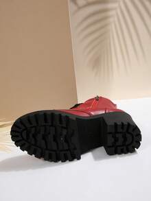 Autumn New Design Boots For Women, Plus Size Round Toe Lace-Up Red Leather Ankle Boots, Fashion Versatile Mid-Heel Chunky Heel Waterproof Platform Riding Boots - Red - View 5