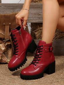 Autumn New Design Boots For Women, Plus Size Round Toe Lace-Up Red Leather Ankle Boots, Fashion Versatile Mid-Heel Chunky Heel Waterproof Platform Riding Boots - Red - View 1