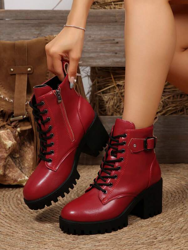 Autumn New Design Boots For Women, Plus Size Round Toe Lace-Up Red Leather Short Boots, Fashion Versatile Mid-Heel Chunky Heel Waterproof Platform Riding Boots