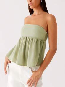 Women Summer Flowy Tube Top Y2k Solid Color Strapless Off The Shoulder Loose Fit Babydoll Bandeau Crop Tops Backless Sleeveless Going Out Tops Vests Shirts Casual Streetwear - 綠色 - 查看 3