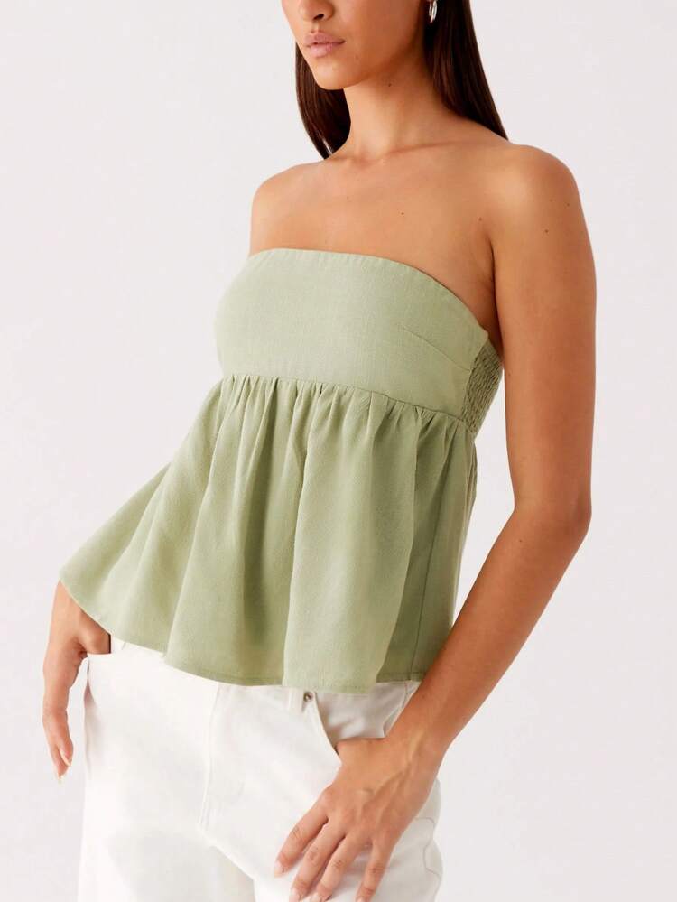 Women Summer Flowy Tube Top Y2k Solid Color Strapless Off The Shoulder Loose Fit Babydoll Bandeau Crop Tops Backless Sleeveless Going Out Tops Vests Shirts Casual Streetwear - 綠色 - 查看 3