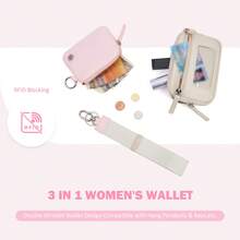 POIUGOYA Keychain Wristlet Wallet, Zip Around Dual Pouch Wristlet Portable, Nylon Secure Coin Purse Small Wallet With Key Ring, Fashion Women's Cute Wallet With RFID, Identification Window - Pink & Beige - View 4