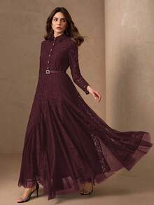 Elegant Women's Rhinestone Collar A-Line Mesh Patchwork Bodycon Dress Spring - Burgundy - View 1