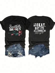 大码女式休闲“我很好”和“美丽破碎”字母印花圆领短袖T恤，黑色，可机洗，日常T恤 | 图案T恤 | 舒适穿着，夏季女式T恤 - 黑色 - 查看 3