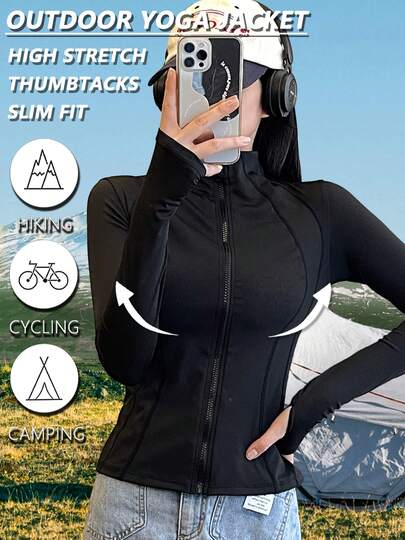 1pc Women's Winter Fashion Sexy Shaping Solid Color Yoga Jacket Low-Impact Stand Collar With Thumb Holes Zip-Up Long Sleeve Jacket Comfortable Soft Autumn Outdoor Fitted Sports Top Suitable For Daily Yoga, Fitness, Running, Cycling, Training, Gym, Tennis, Vacation