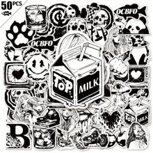 50pcs Vintage Black & White Stickers - Unique Graffiti-Style Designs For Phones, Laptops, Suitcases & Tablets - Durable PVC Material, Reusable Decals With Skulls, Hearts, Joyful Faces & More, Journaling Accessories | Graffitistyle Stickers | Durable PVC Stickers, Cute Stickers - 50pcs - 查看 2