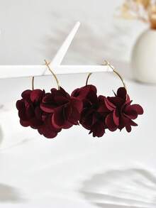 1 对优雅波西米亚风格花卉面料流苏耳环，适合女性派对和节日礼物，圆形花卉创意耳环，时尚派对配饰 - 酒紅色 - 查看 6