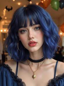 万圣节假发 合成耐热假发 短波浪鲍勃假发 绿色 14 英寸冬季刘海假发 优质合成假发 日常派对用角色扮演假发 - 藍色 - 查看 6